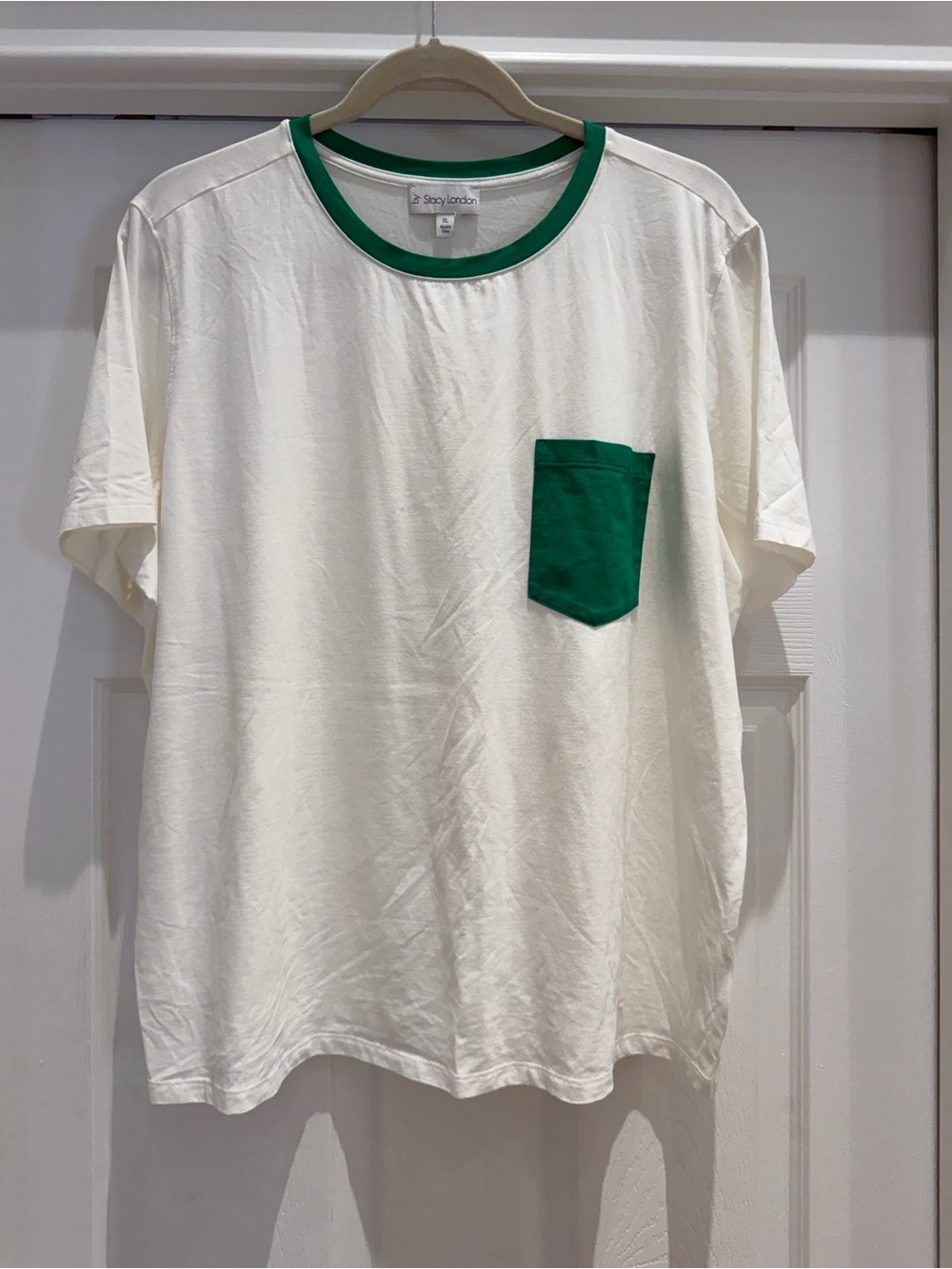 Stacy London Cream Tee with Green Pocket